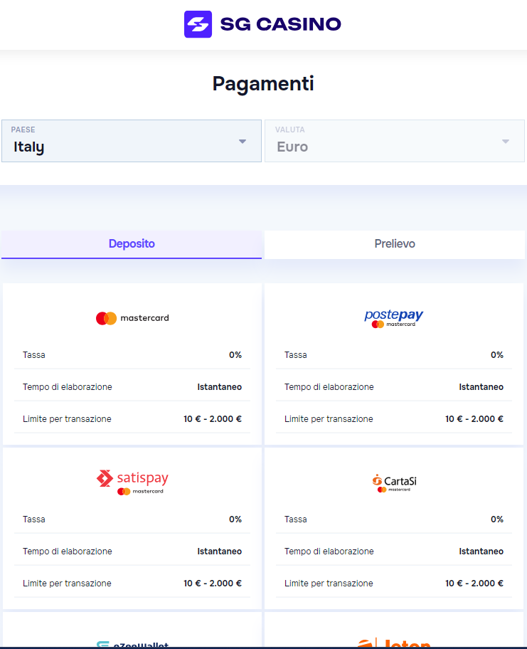 SG Casino metodi di pagamento